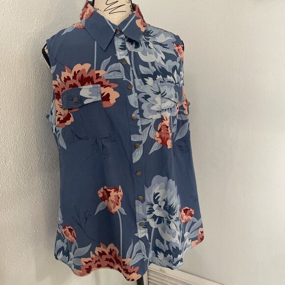 Lularoe Roxanne Snap Button Sleeveless Blue Tropic Floral Size Large 14/16 (B7) - Picture 1 of 8